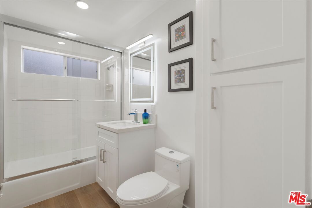 Bathroom, Glass Shower, Interior, Recessed Lighting, Wood Texture Flooring