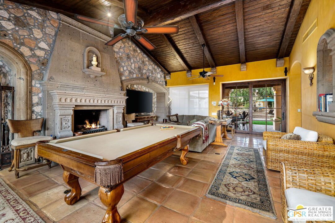 Billiard Table, Fireplace, Game Room, Interior, Living room, Stone Walls, Wooden Beams, Wooden Ceilings
