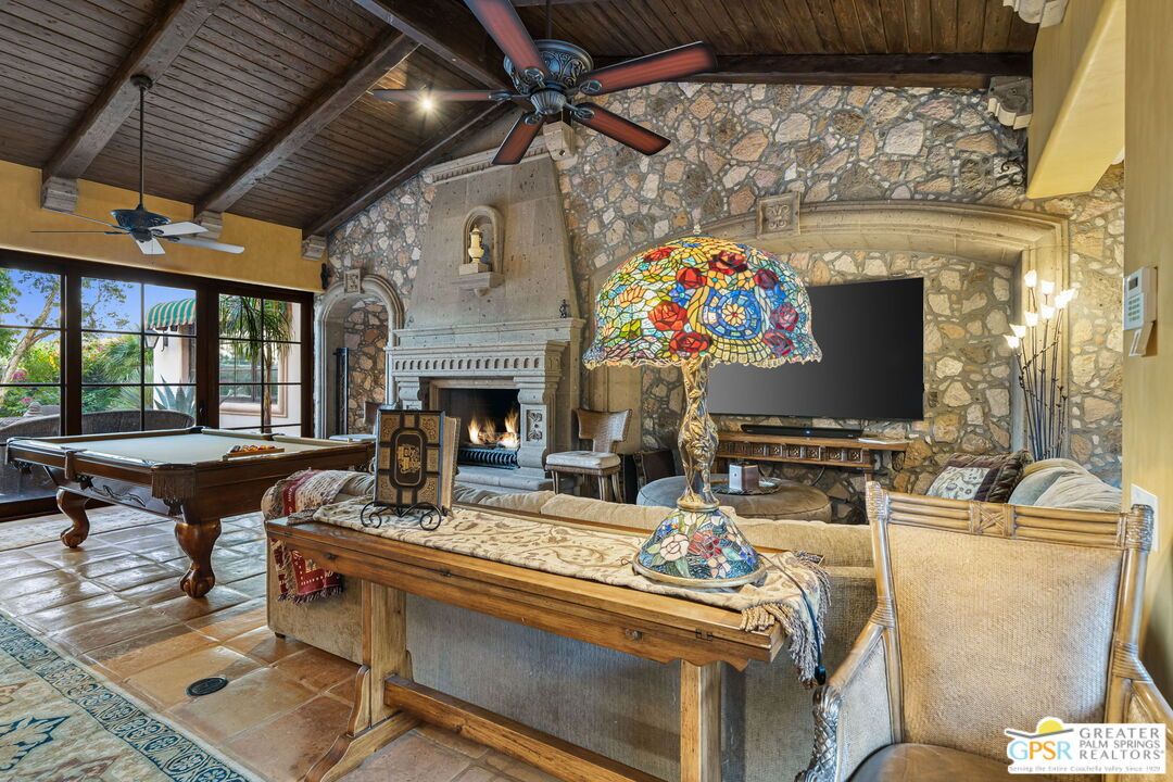 Billiard Table, Fireplace, Game Room, Interior, Living room, Stone Walls, Wooden Beams, Wooden Ceilings