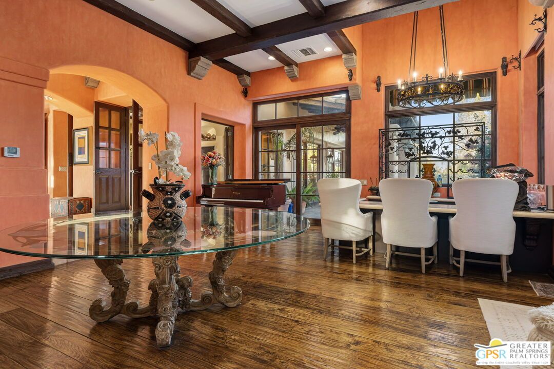 Chandelier, Dining room, Interior, Recessed Lighting, Wooden Beams, Wood Texture Flooring