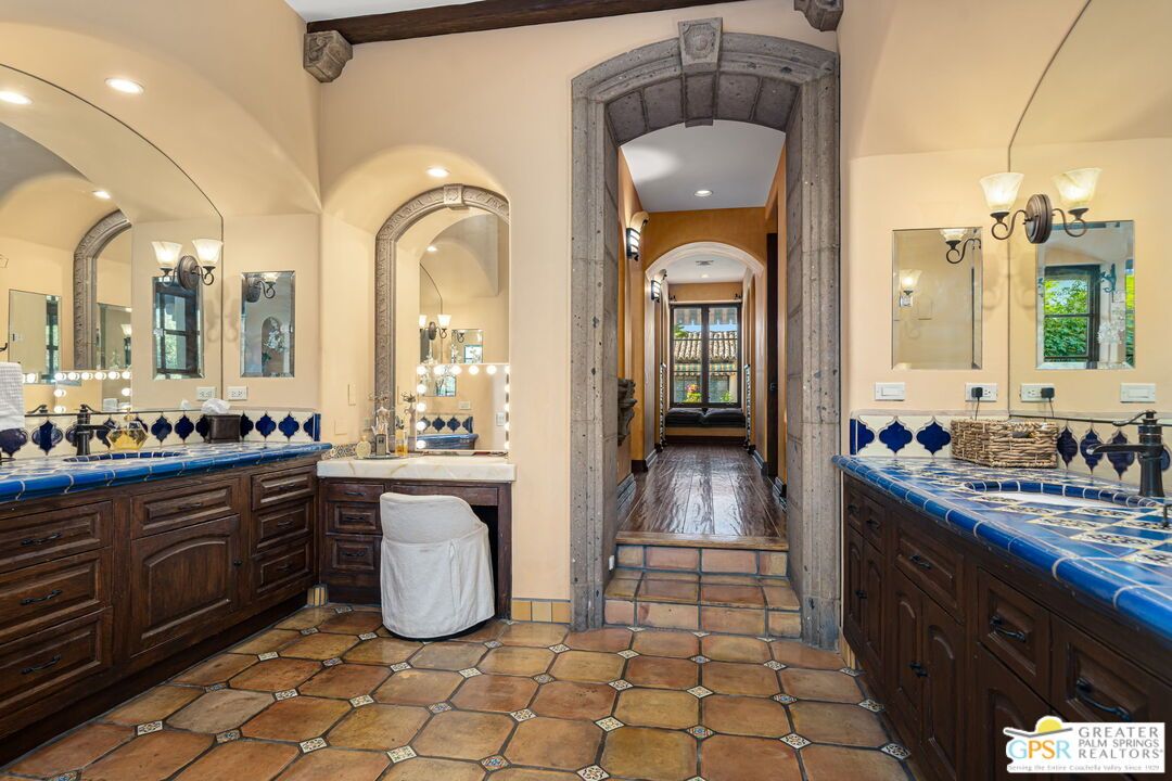 Bathroom, Dual Sink Vanities, Interior, Recessed Lighting, Tile Countertops, Wood Texture Flooring