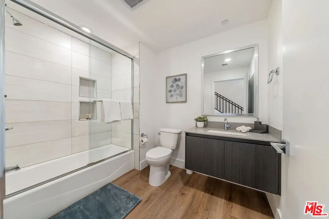 Bathroom, Glass Shower, Interior, Recessed Lighting, Wood Texture Flooring