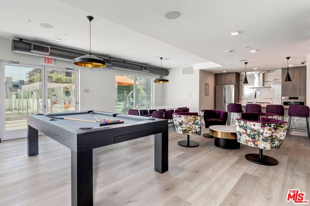 Billiard Table, Game Room, Interior, Living room, Pendant Lights, Recessed Lighting, Wood Texture Flooring
