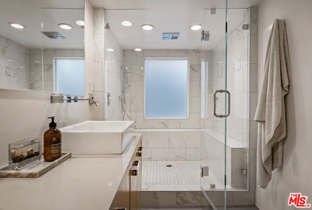 Bathroom, Glass Shower, Interior, Marble Walls, Recessed Lighting