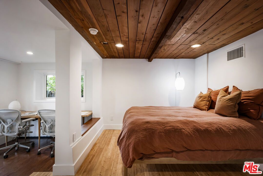 Bedroom, Home Office, Interior, Recessed Lighting, Wooden Ceilings, Wood Texture Flooring