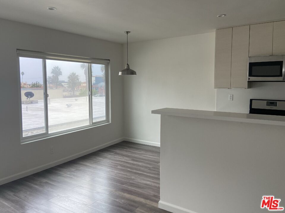 Empty room, Interior, Kitchen, Pendant Lights, Recessed Lighting, Wood Texture Flooring