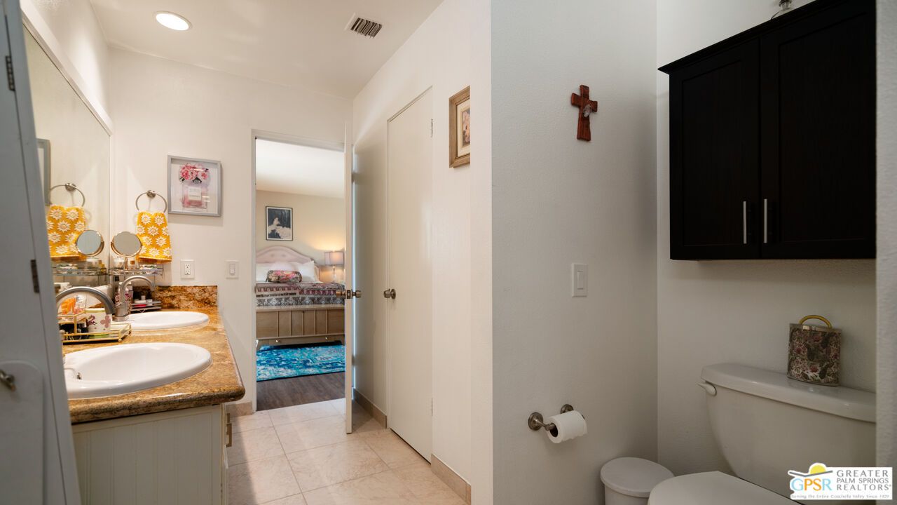 Bathroom, Dual Sink Vanities, Interior, Recessed Lighting, Wood Texture Flooring