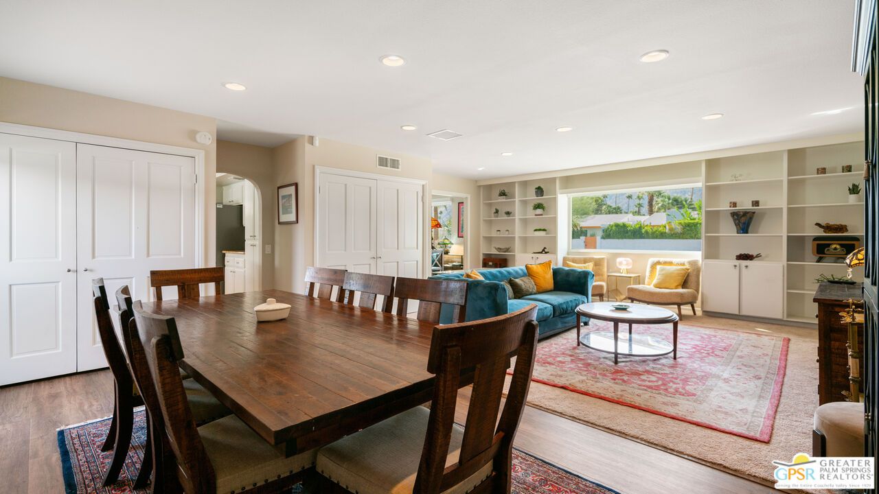 Dining room, Interior, Living room, Recessed Lighting, Wood Texture Flooring