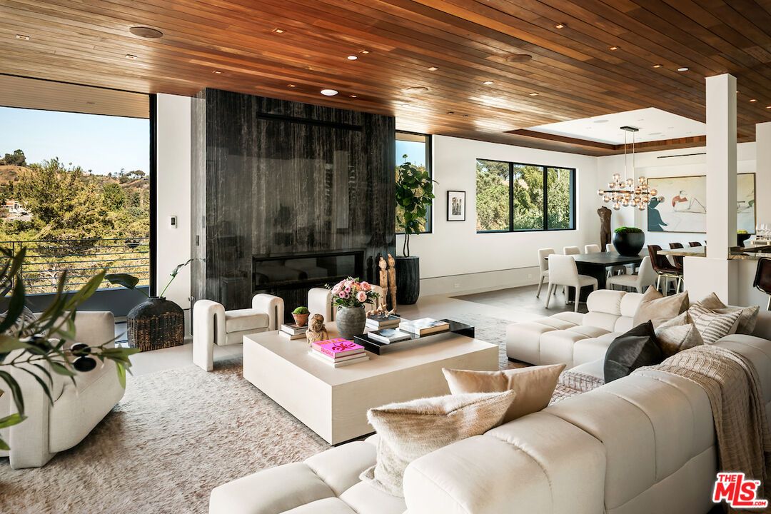 Chandelier, Dining room, Fireplace, Interior, Living room, Recessed Lighting, Wooden Ceilings