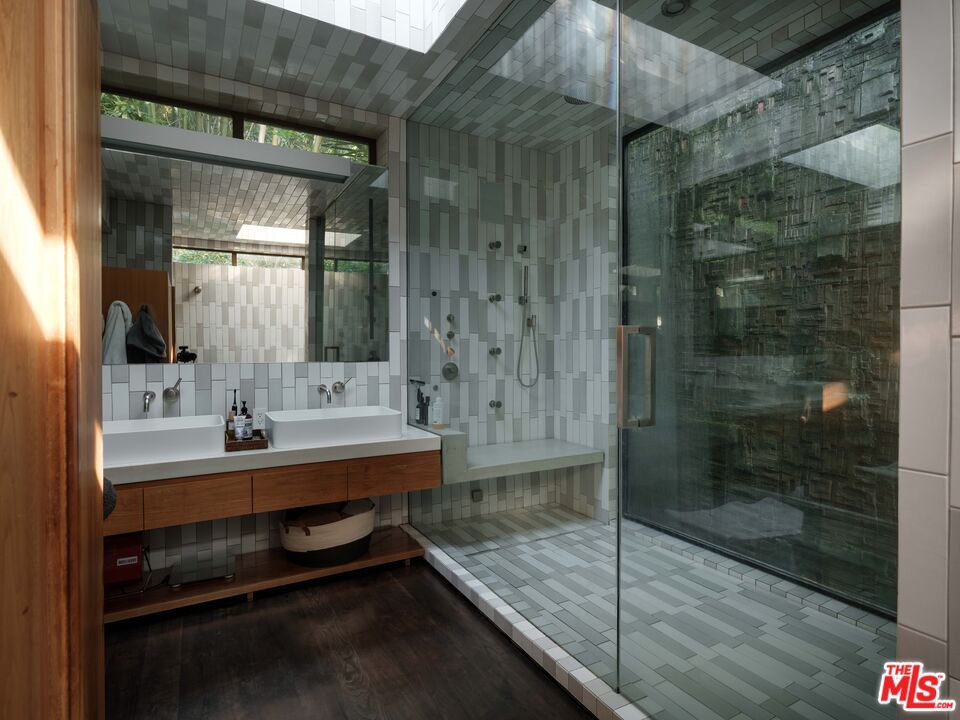 Bathroom, Dual Sink Vanities, Glass Shower, Interior, Wood Texture Flooring