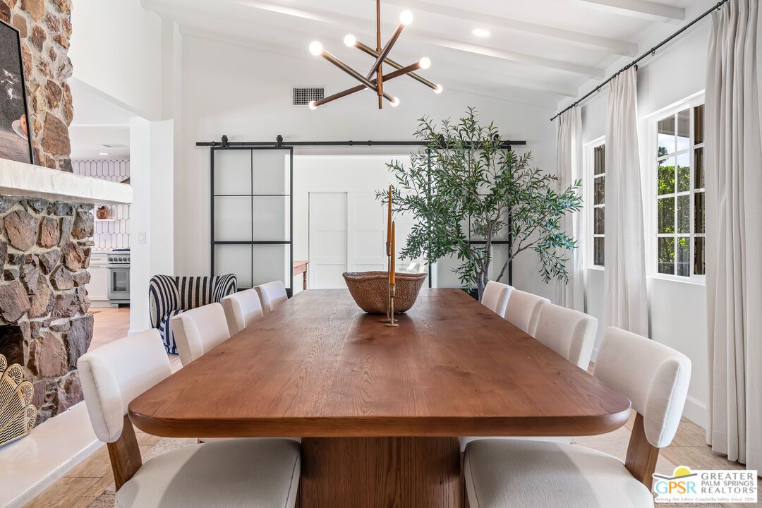 Dining room, Fireplace, Interior, Pendant Lights, Recessed Lighting, Stone Walls, Wood Texture Flooring
