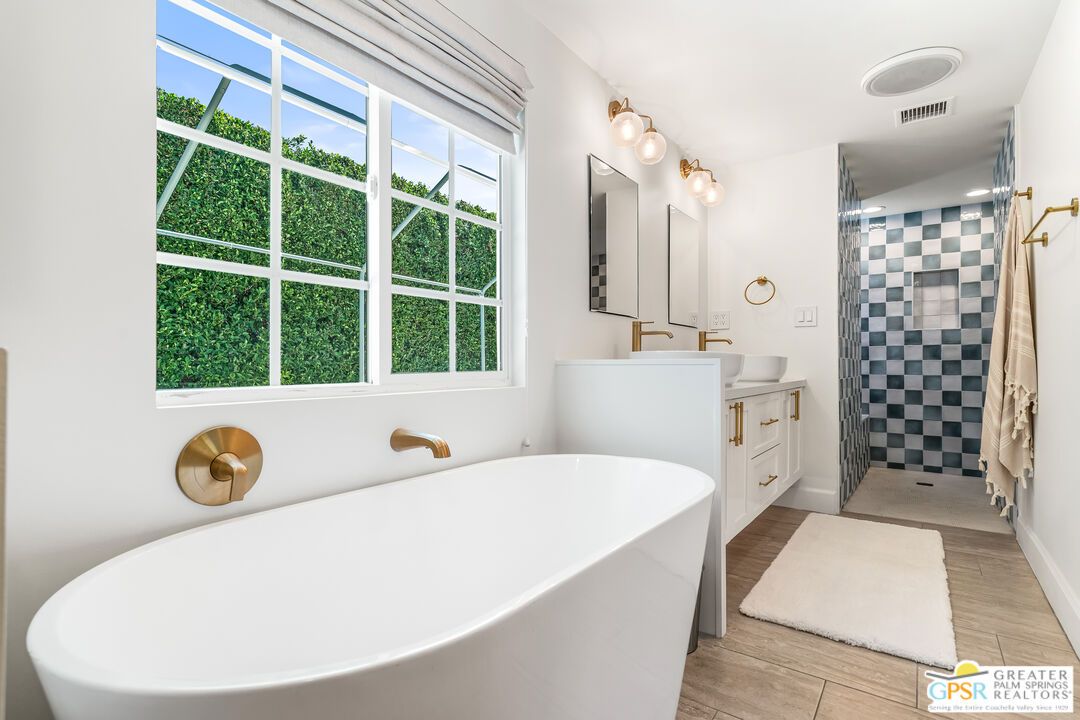 Bathroom, Free Standing Baths, Glass Shower, Interior, Wood Texture Flooring