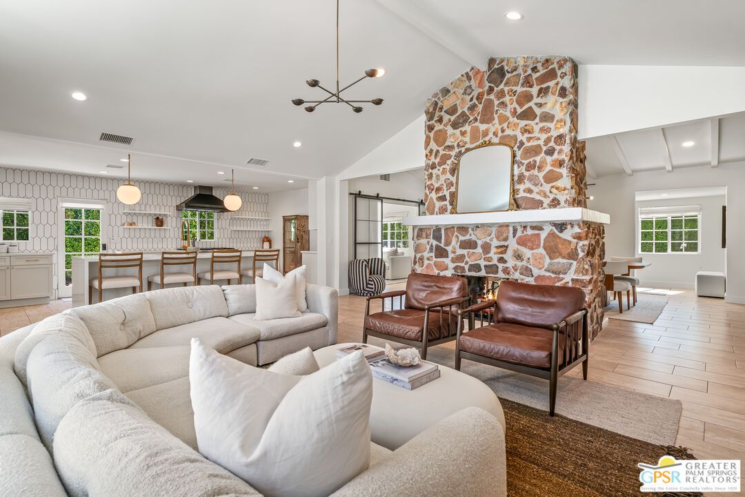 Fireplace, Interior, Kitchen, Living room, Pendant Lights, Recessed Lighting, Stone Walls, Wood Texture Flooring