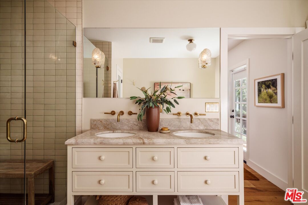 Bathroom, Dual Sink Vanities, Glass Shower, Interior, Wood Texture Flooring