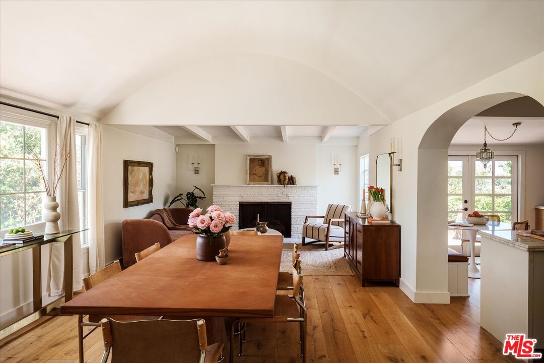 Dining room, Fireplace, Interior, Wood Texture Flooring