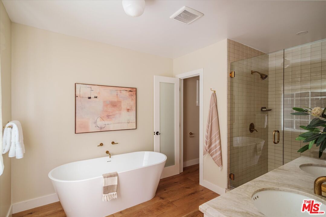 Bathroom, Free Standing Baths, Glass Shower, Interior, Wood Texture Flooring