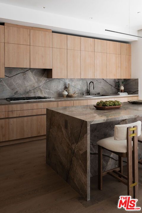 Interior, Kitchen, Marble Walls, Recessed Lighting, Wood Texture Flooring