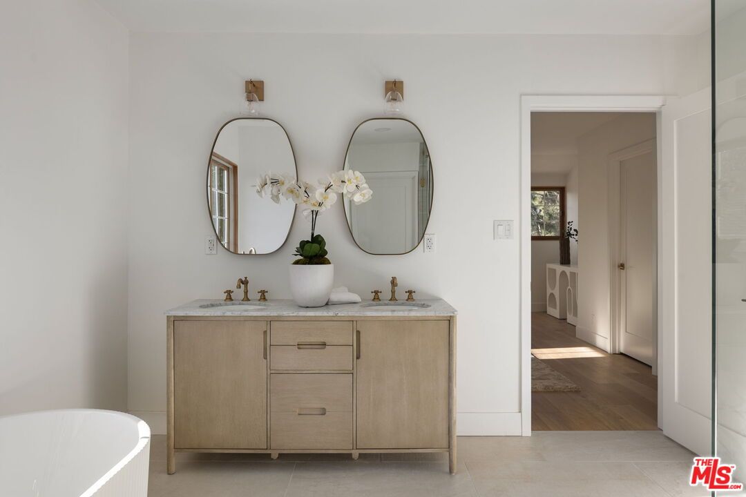 Bathroom, Dual Sink Vanities, Free Standing Baths, Interior, Wood Texture Flooring