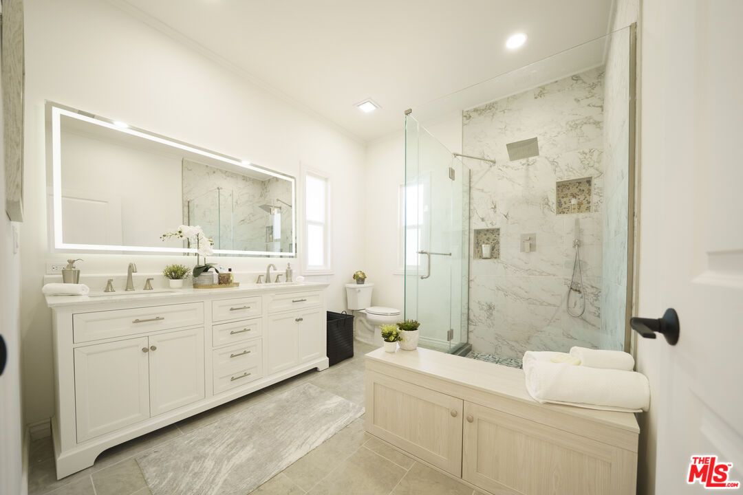Bathroom, Dual Sink Vanities, Glass Shower, Interior, Marble Walls, Recessed Lighting