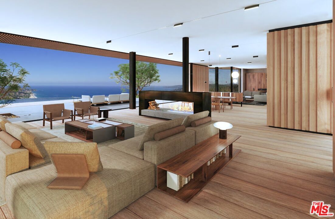 Dining room, Fireplace, Interior, Living room, Pendant Lights, Recessed Lighting, Water, Wood Texture Flooring