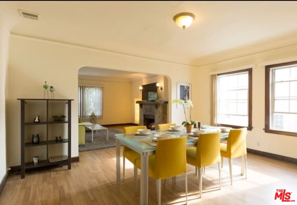Dining room, Fireplace, Interior, Wood Texture Flooring