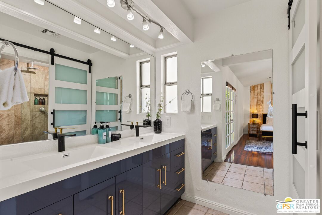 Bathroom, Dual Sink Vanities, Interior, Recessed Lighting, Wood Texture Flooring