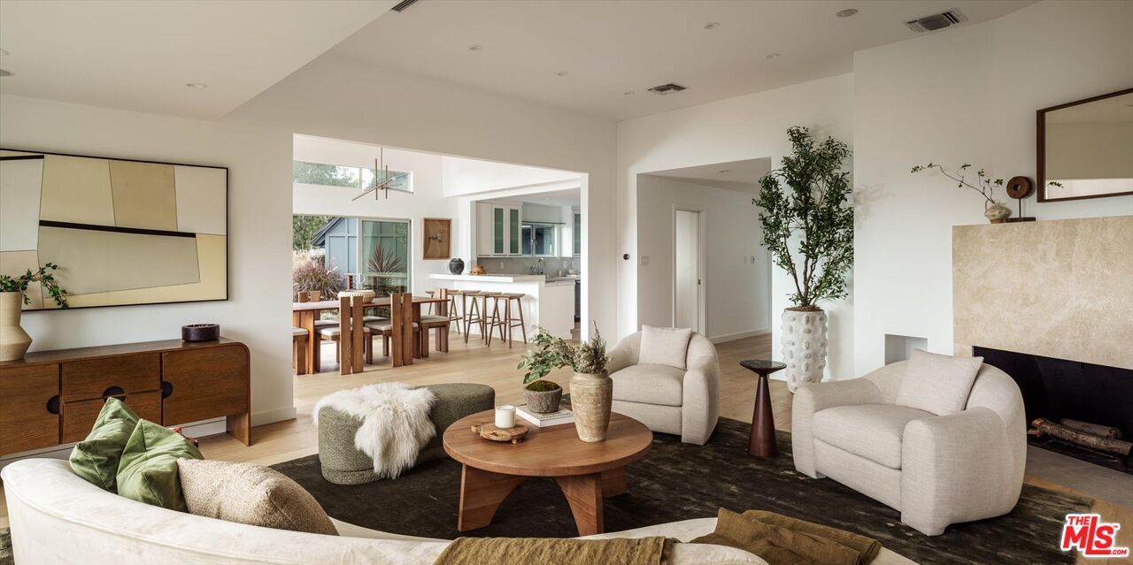 Dining room, Fireplace, Interior, Living room, Pendant Lights, Recessed Lighting, Wood Texture Flooring