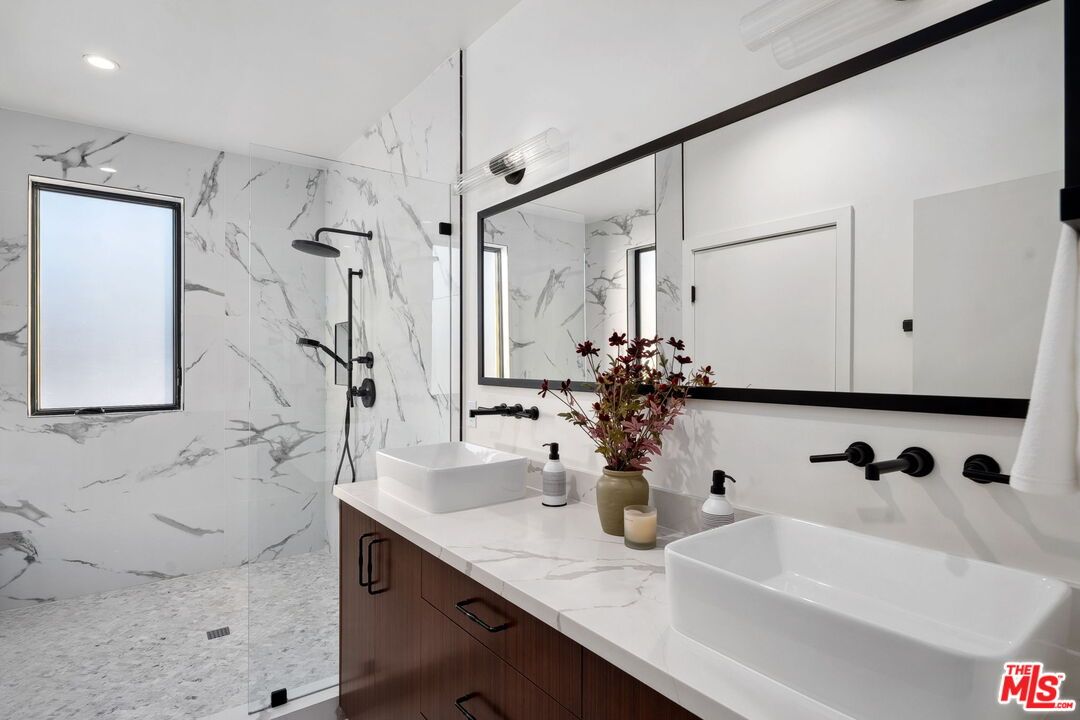 Bathroom, Dual Sink Vanities, Glass Shower, Interior, Marble Walls, Recessed Lighting