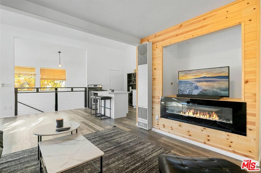 Fireplace, Interior, Kitchen, Pendant Lights, Wood Texture Flooring, Wooden Walls