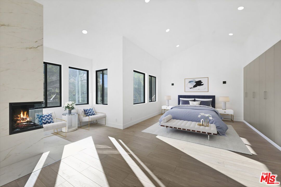 Bedroom, Fireplace, Interior, Marble Walls, Recessed Lighting, Wood Texture Flooring