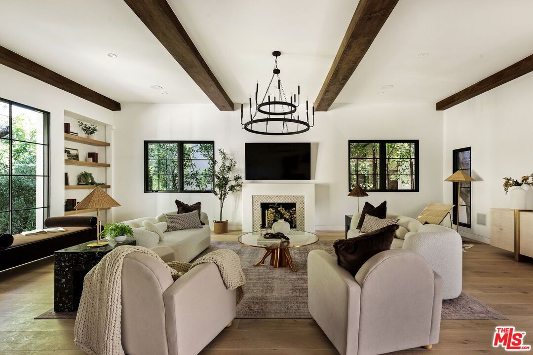 Chandelier, Fireplace, Interior, Living room, Recessed Lighting, Wooden Beams, Wood Texture Flooring
