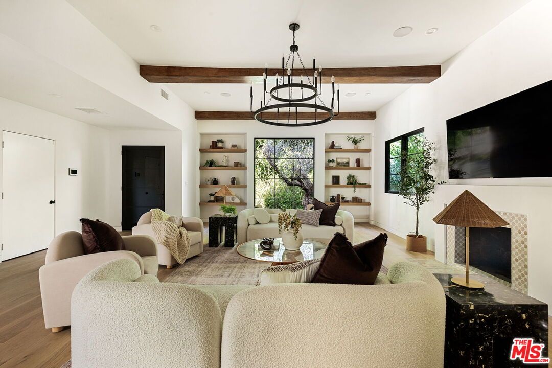 Fireplace, Interior, Living room, Recessed Lighting, Wooden Beams, Wood Texture Flooring