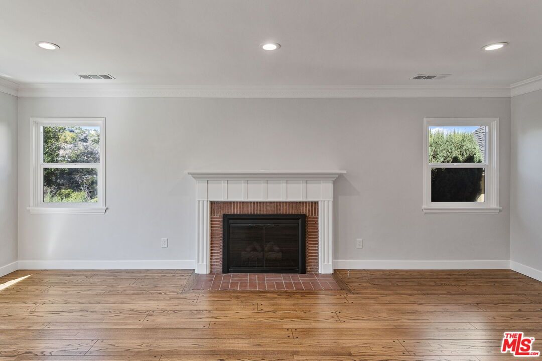 Empty room, Fireplace, Interior, Recessed Lighting, Wood Texture Flooring