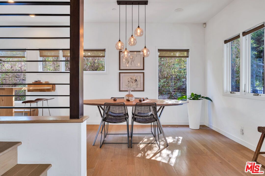 Dining room, Interior, Pendant Lights, Recessed Lighting, Wood Texture Flooring