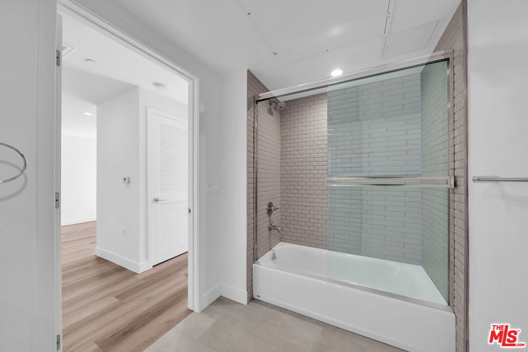Bathroom, Glass Shower, Interior, Recessed Lighting, Wood Texture Flooring