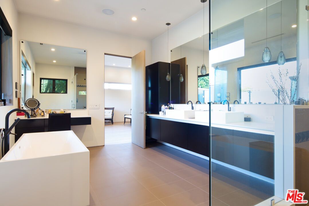 Bathroom, Dual Sink Vanities, Glass Shower, Interior, Pendant Lights, Recessed Lighting
