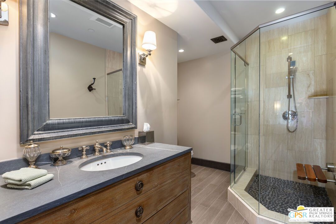 Bathroom, Glass Shower, Interior, Recessed Lighting, Wood Texture Flooring