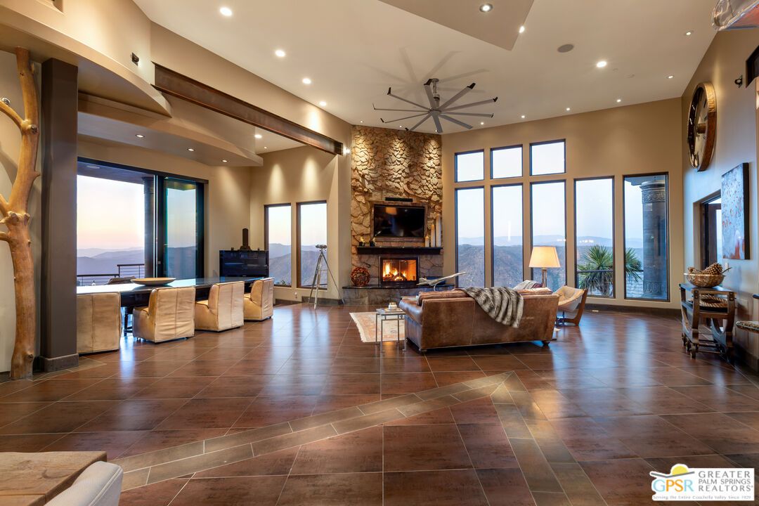 Fireplace, Interior, Living room, Recessed Lighting, Stone Walls