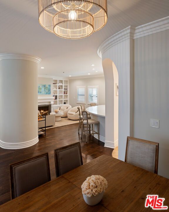 Chandelier, Dining room, Fireplace, Interior, Living room, Recessed Lighting, Wood Texture Flooring