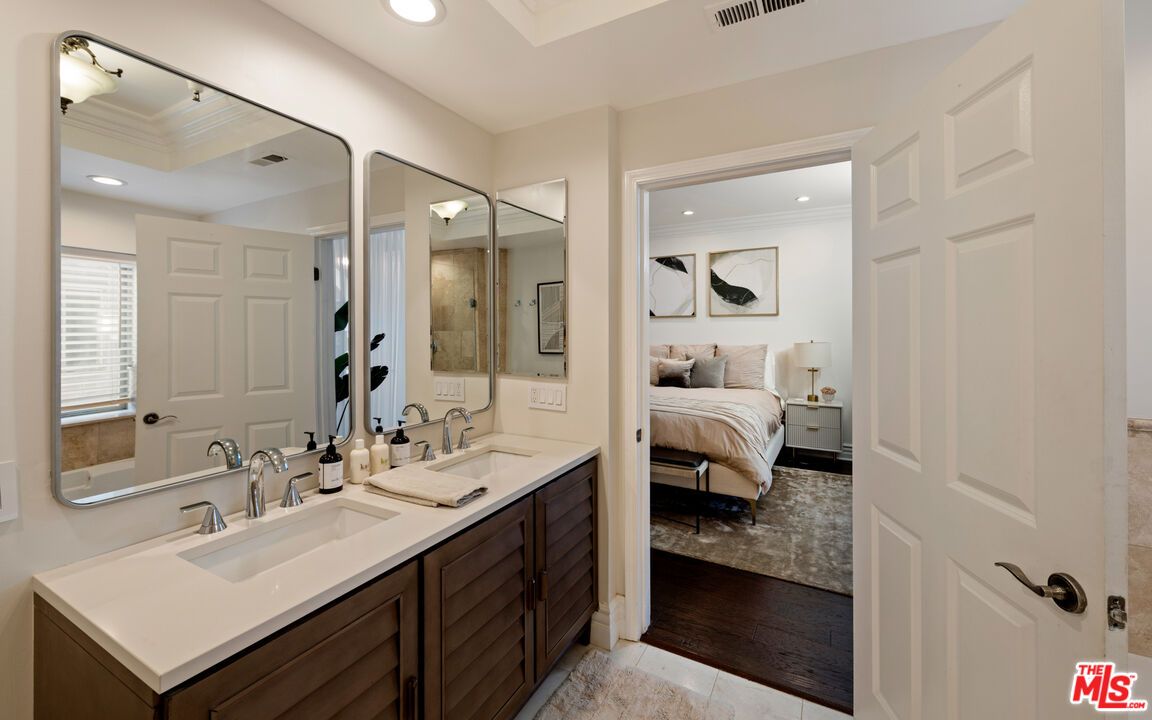 Bathroom, Bedroom, Dual Sink Vanities, Interior, Recessed Lighting, Wood Texture Flooring
