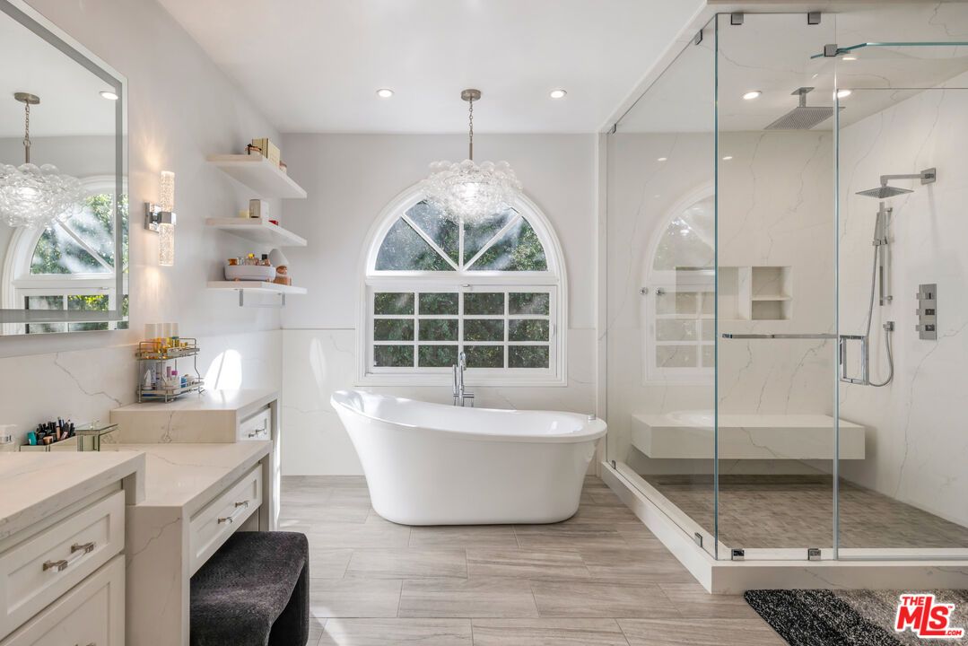 Bathroom, Free Standing Baths, Glass Shower, Interior, Marble Walls, Recessed Lighting, Wood Texture Flooring