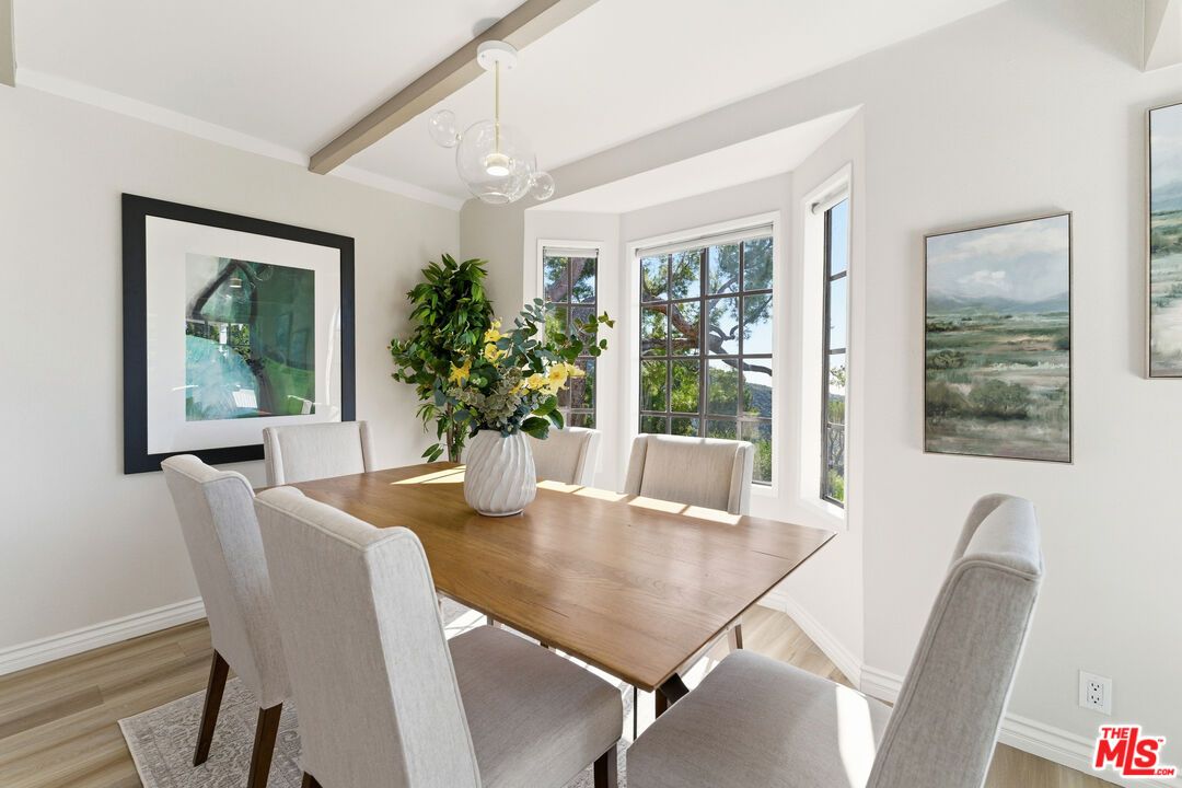 Dining room, Interior, Pendant Lights, Wooden Beams, Wood Texture Flooring
