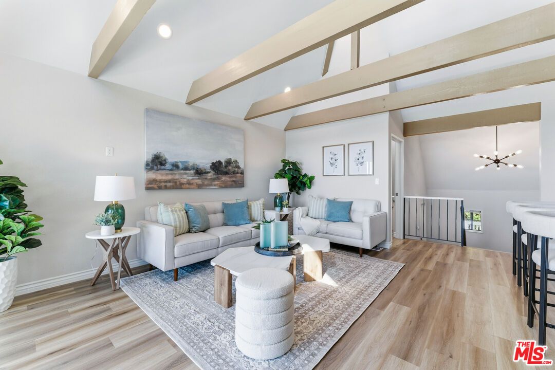 Interior, Living room, Pendant Lights, Recessed Lighting, Wooden Beams, Wood Texture Flooring