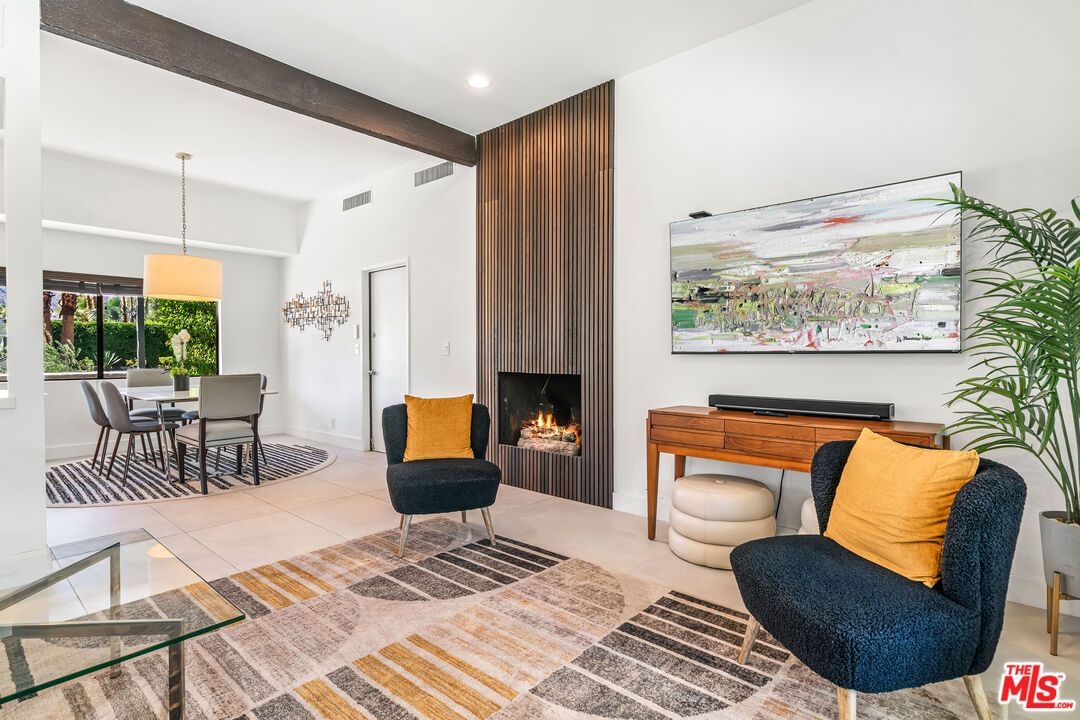 Dining room, Fireplace, Interior, Pendant Lights, Recessed Lighting, Wooden Beams