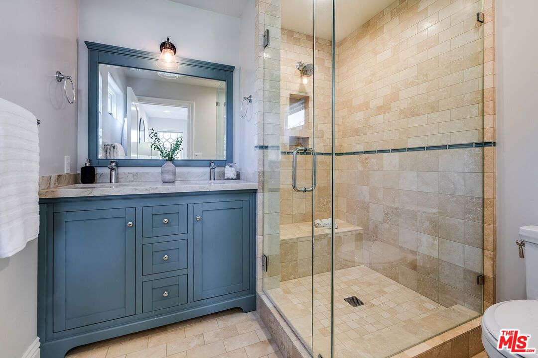 Bathroom, Glass Shower, Interior, Recessed Lighting, Stone Walls