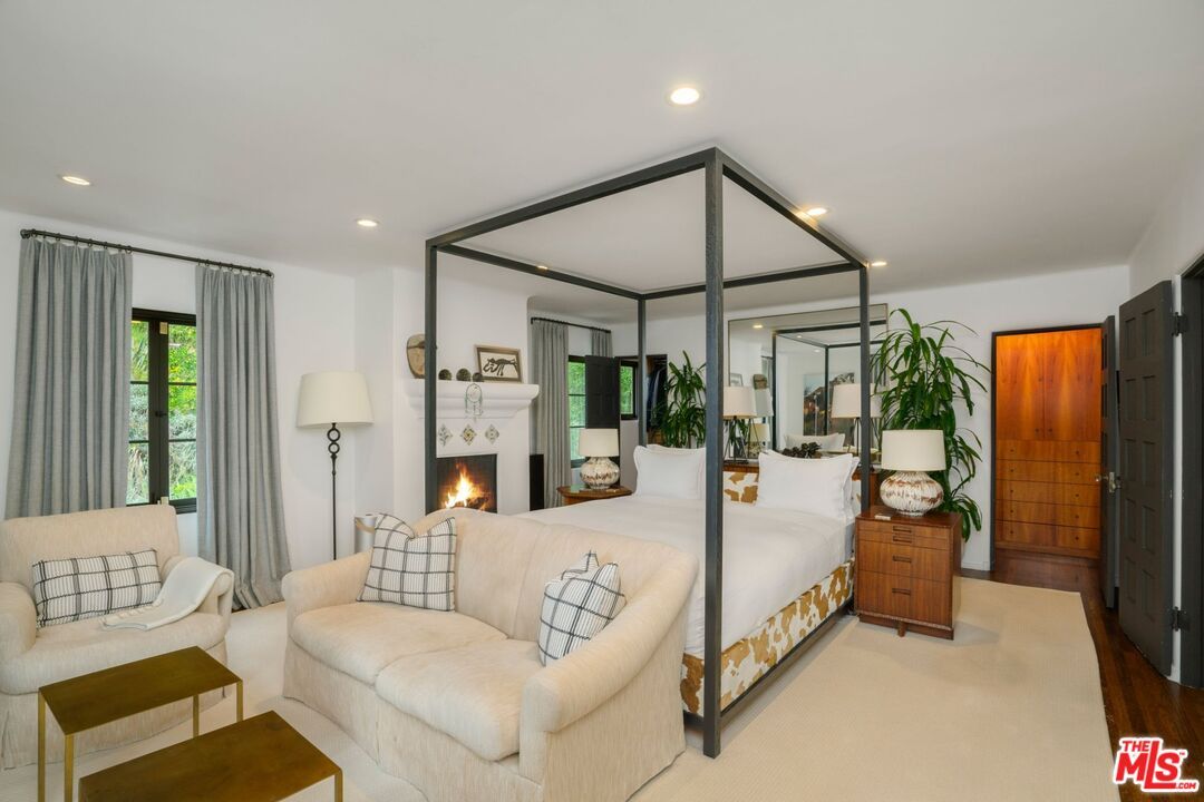 Bedroom, Fireplace, Interior, Living room, Recessed Lighting, Wood Texture Flooring