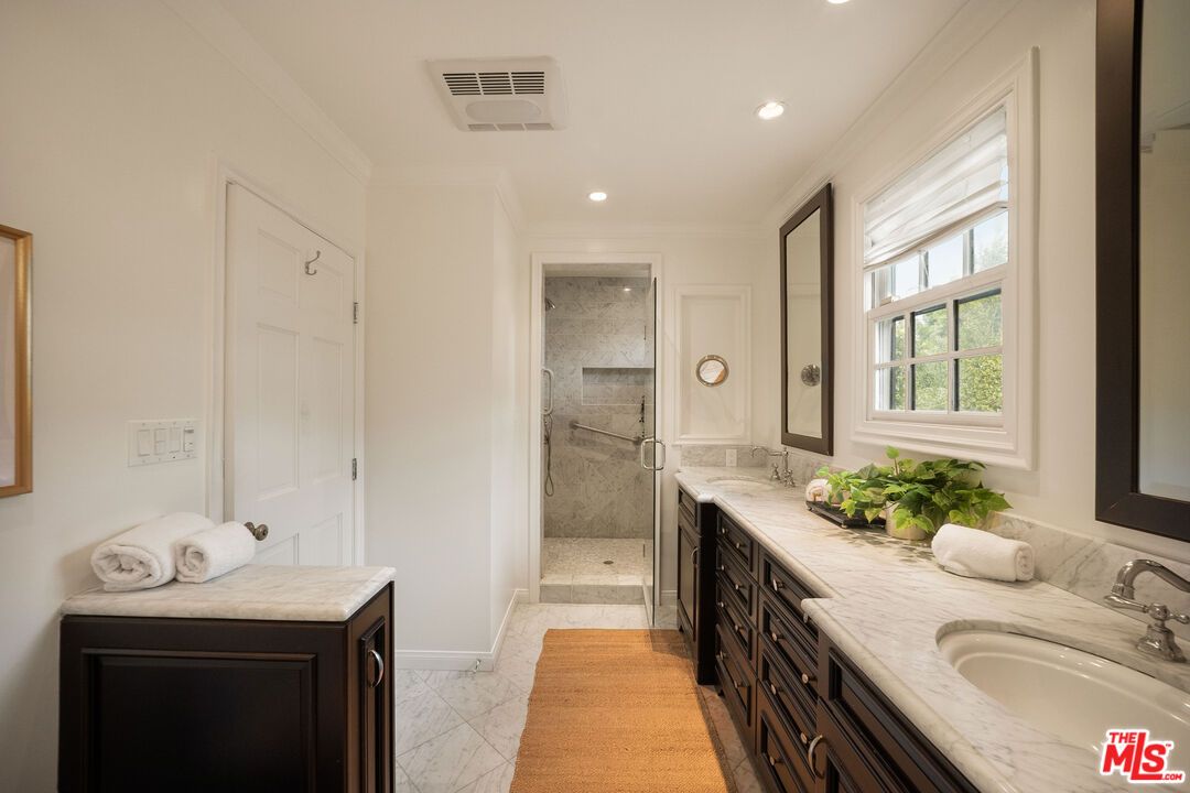 Bathroom, Dual Sink Vanities, Glass Shower, Interior, Marble, Recessed Lighting