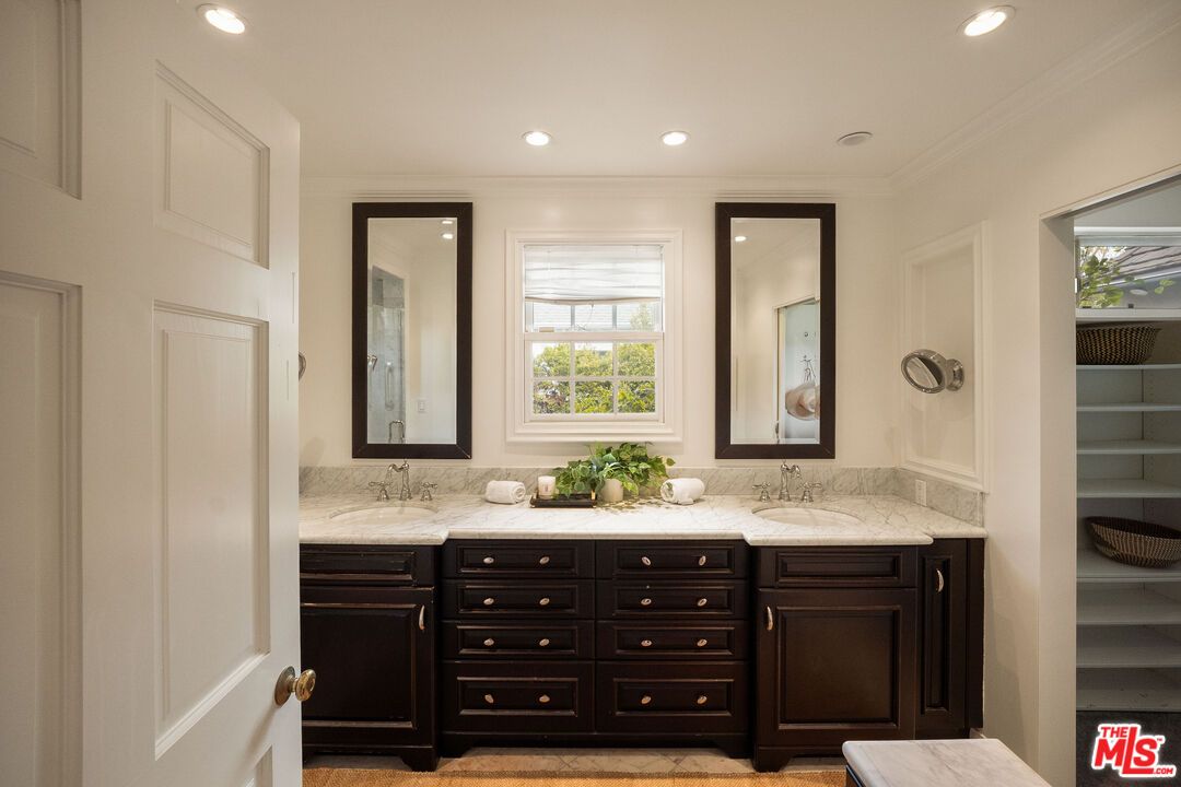 Bathroom, Dual Sink Vanities, Interior, Recessed Lighting, Wood Texture Flooring