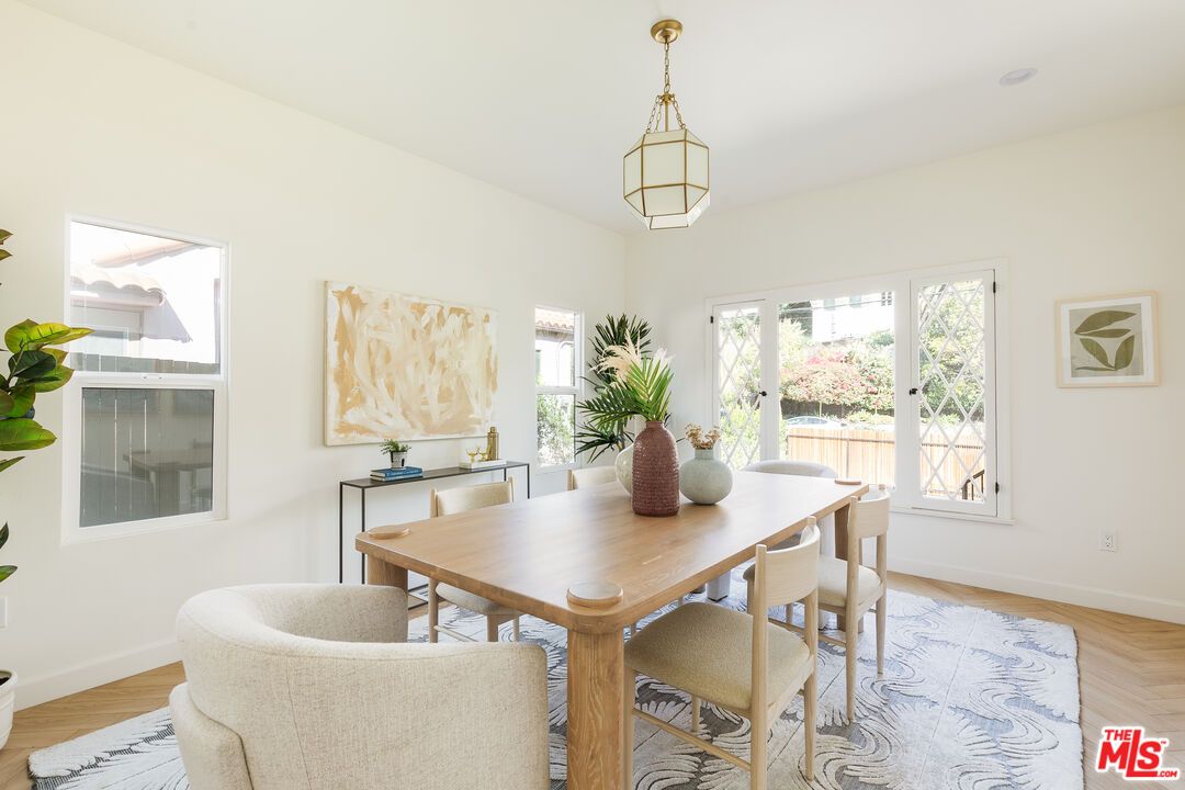 Dining room, Interior, Pendant Lights, Wood Texture Flooring