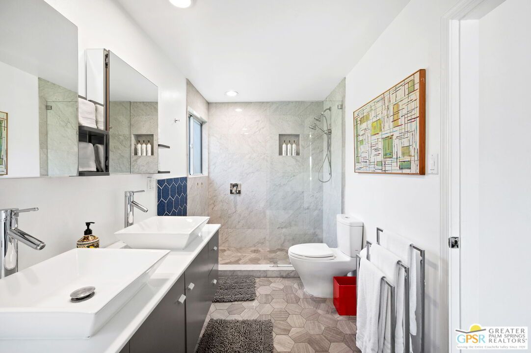 Bathroom, Dual Sink Vanities, Glass Shower, Interior, Marble Walls, Recessed Lighting